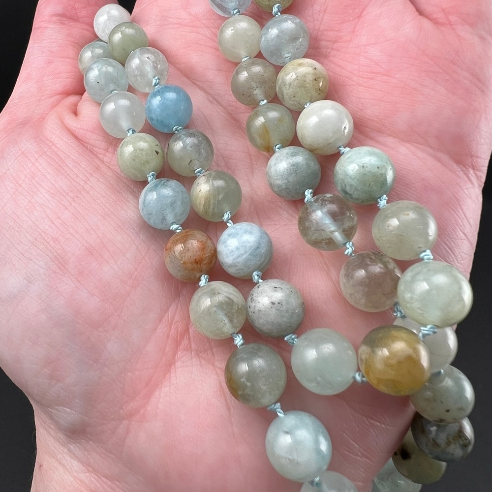 Aquamarine Beaded Necklace Blue Green Hand Knotted Silk Long 36"